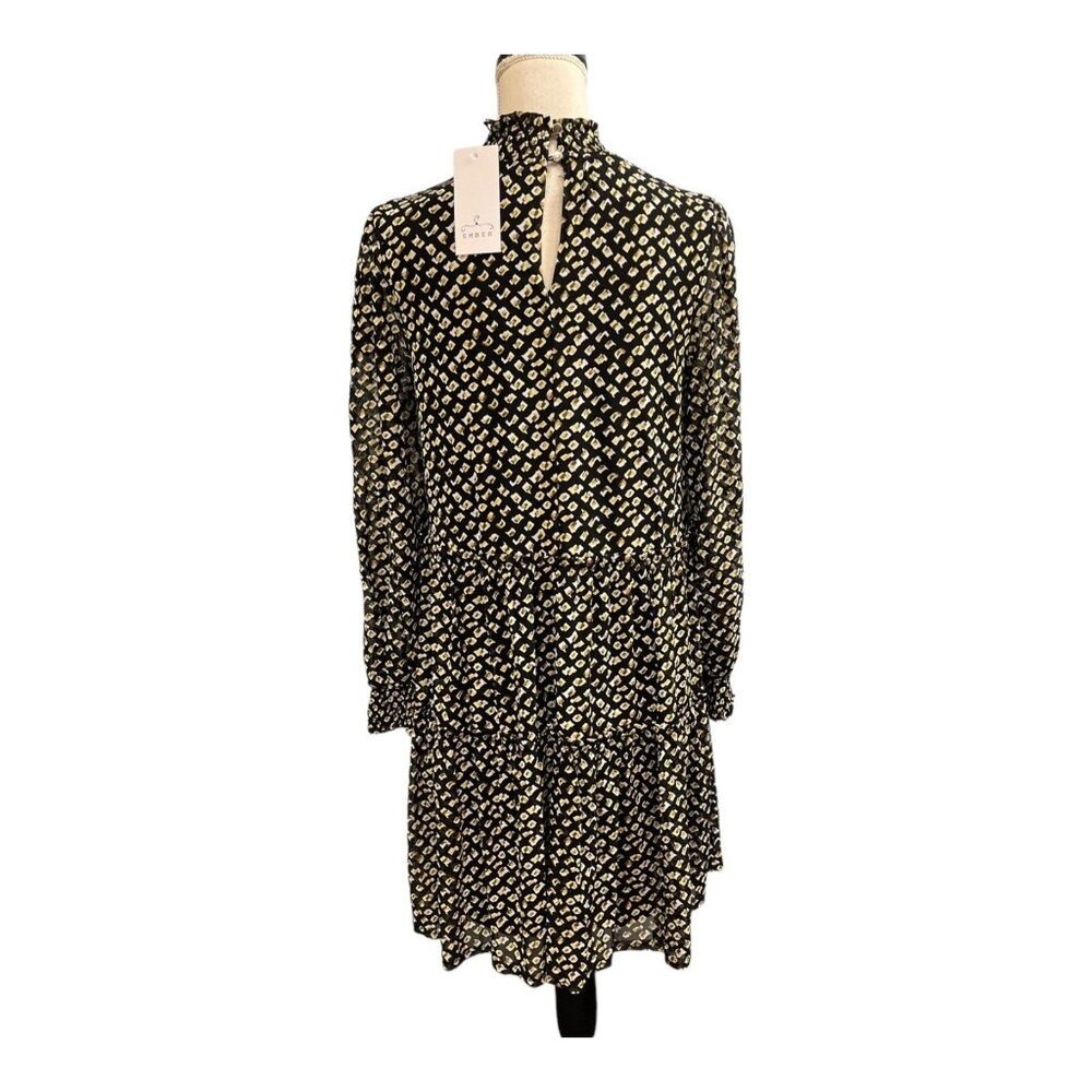 Ember Dress  Black Chiffon Metallic Tiered Smocked Mini High Neck Size M Event‎ - Picture 3 of 8